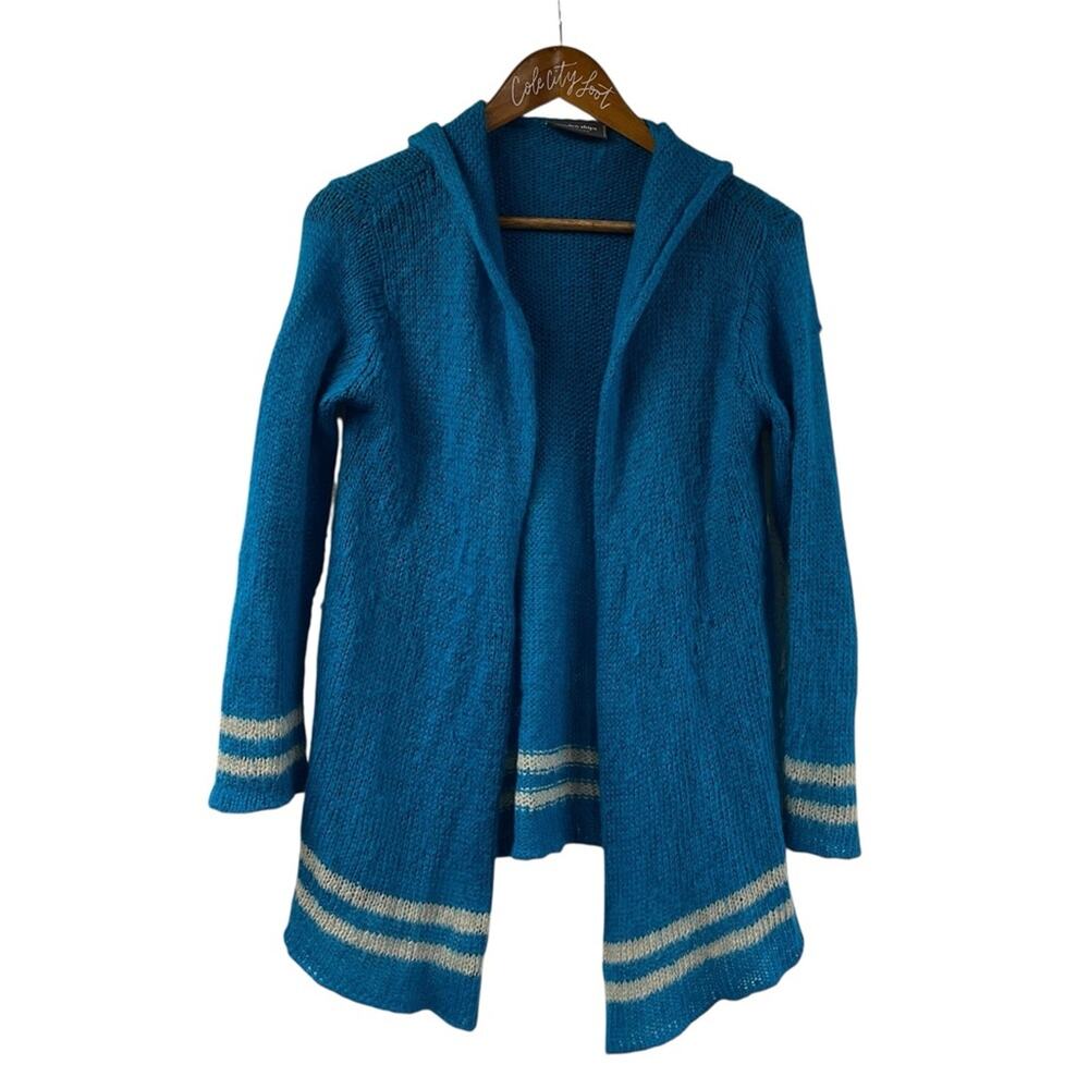 Wooden Ships Blue Knit Cardigan with Hood S/M Mohair Blend Knitted